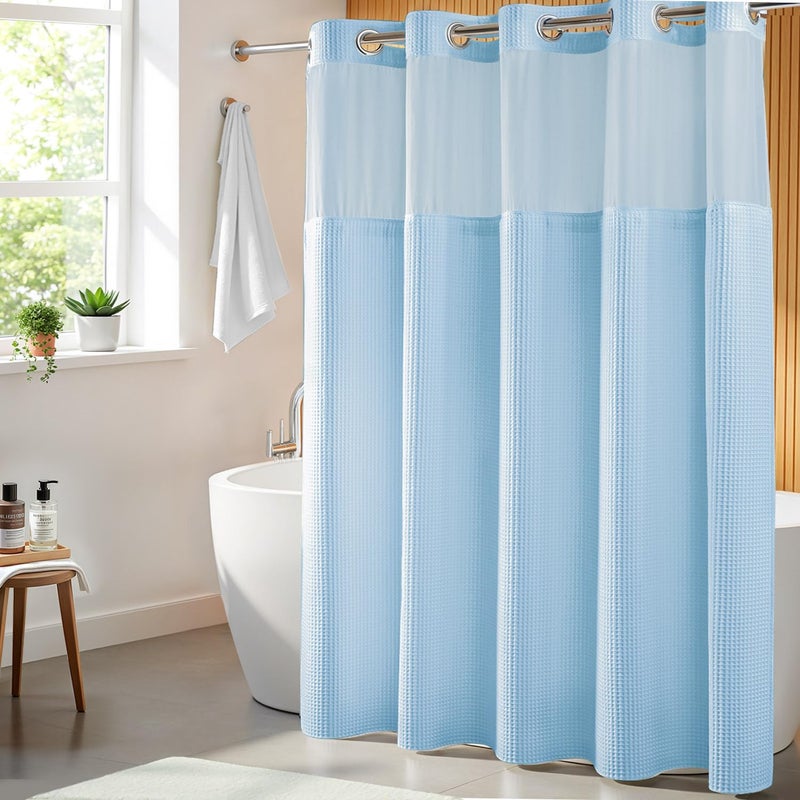 River Dream Sky Blue Fabric Shower Curtain Set, Cotton Blend, Waffle Weave, with Snap in Replacement Linerï¼Œ71 x 74 inches - Image 1